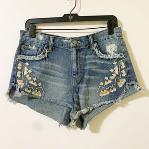 Free People Size 27 Embroidered High Rise Frayed Distressed Shorts